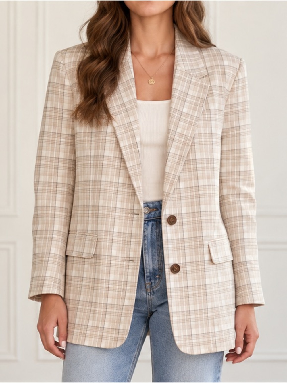 ASOS DESIGN Petite Blazer 12P Cream Tan Plaid Oversized Boyfriend Two Button